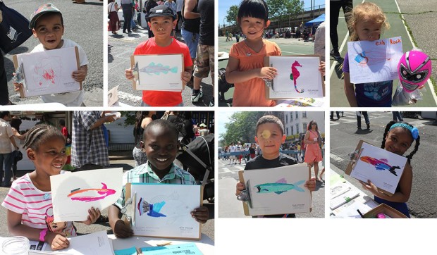 Kids color in fish that swim in the East River